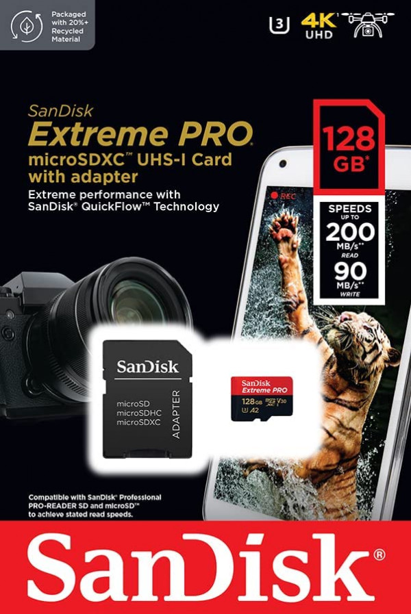 SanDisk Extreme PRO microSDXC 128GB + SD adapter, SDSQXCD-128G-GN6MA