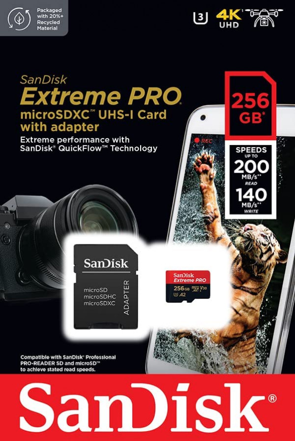 SanDisk Extreme PRO microSDXC 256GB + SD adapter, SDSQXCD-256G-GN6MA